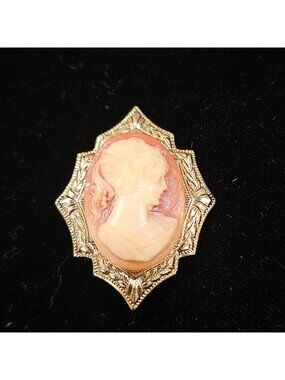 Vintage Cameo Brooch Pin  Ornate Gold-Tone Frame Victorian-Style Woman Portrait